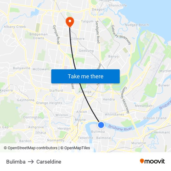 Bulimba to Carseldine map