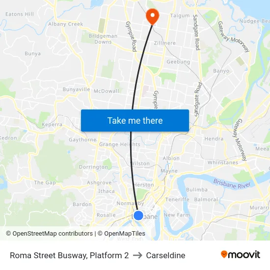 Roma Street Busway, Platform 2 to Carseldine map