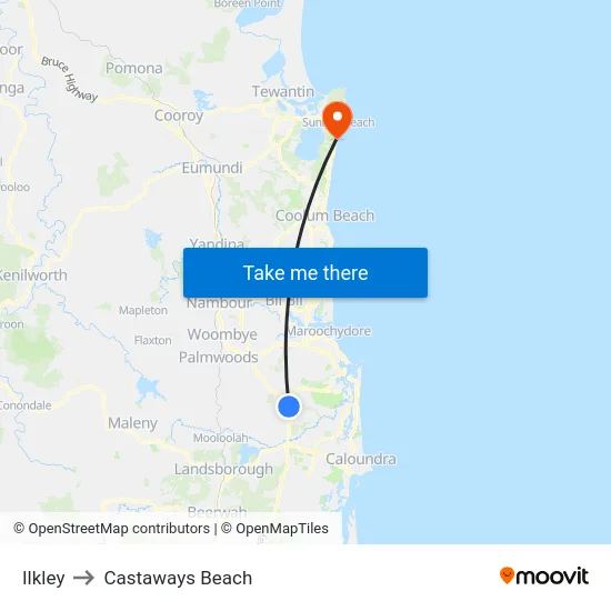 Ilkley to Castaways Beach map
