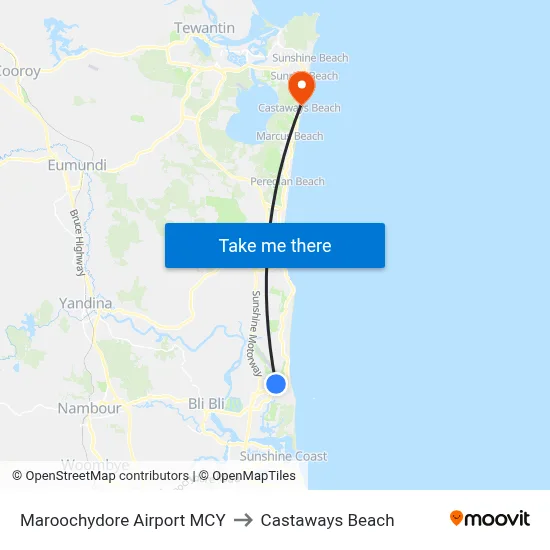 Maroochydore Airport MCY to Castaways Beach map