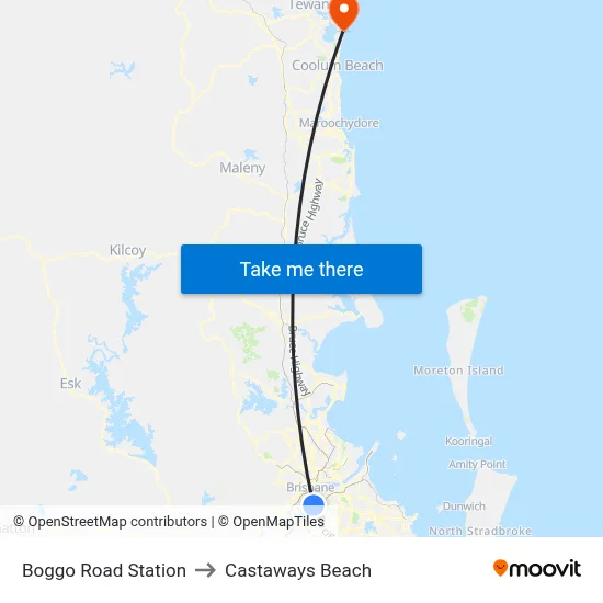 Boggo Road Station to Castaways Beach map