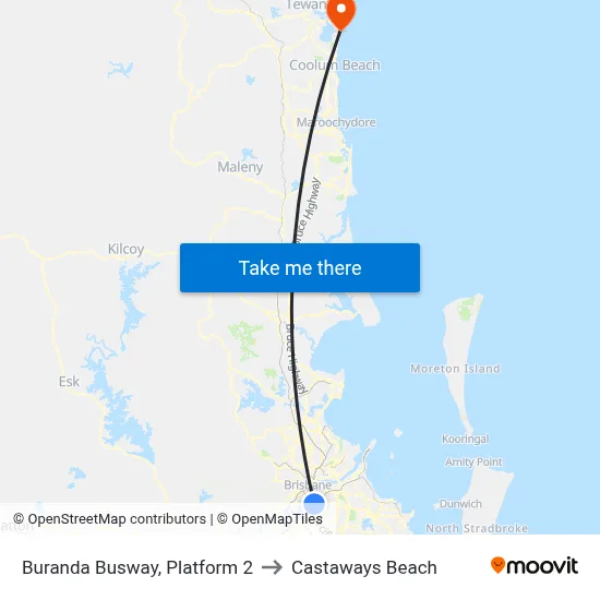 Buranda Busway, Platform 2 to Castaways Beach map