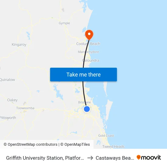 Griffith University Station, Platform 2 to Castaways Beach map