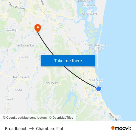 Broadbeach to Chambers Flat map