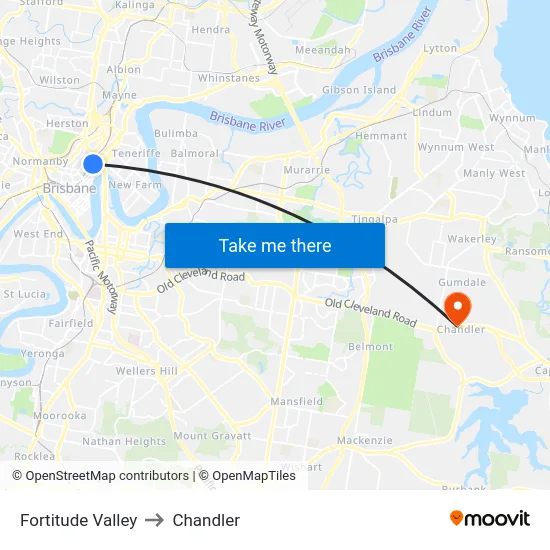 Fortitude Valley to Chandler map