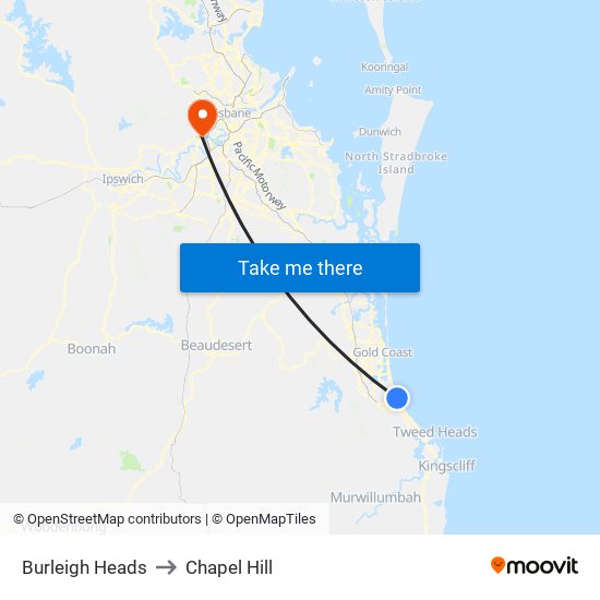 Burleigh Heads to Chapel Hill map