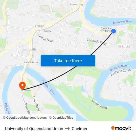 University of Queensland Union to Chelmer map