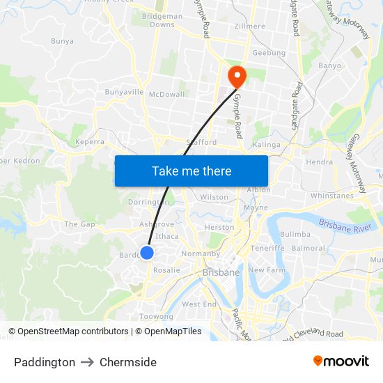 Paddington to Chermside map