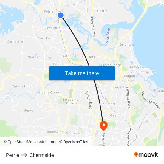 Petrie to Chermside map