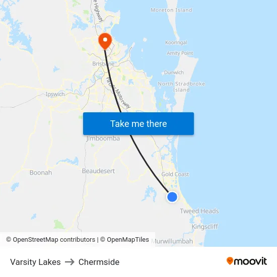 Varsity Lakes to Chermside map