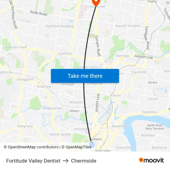 Fortitude Valley Dentist to Chermside map