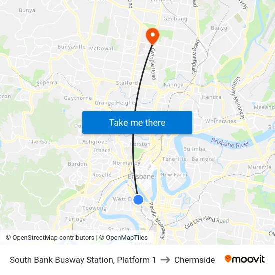 South Bank Busway Station, Platform 1 to Chermside map
