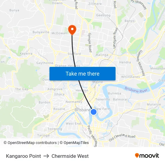 Kangaroo Point to Chermside West map