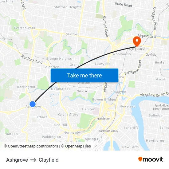 Ashgrove to Clayfield map