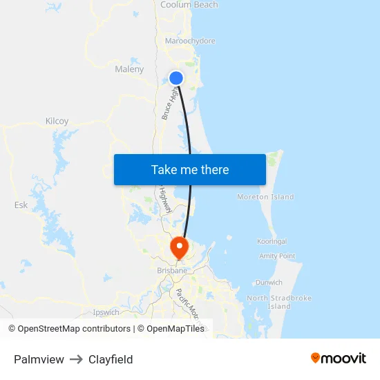 Palmview to Clayfield map
