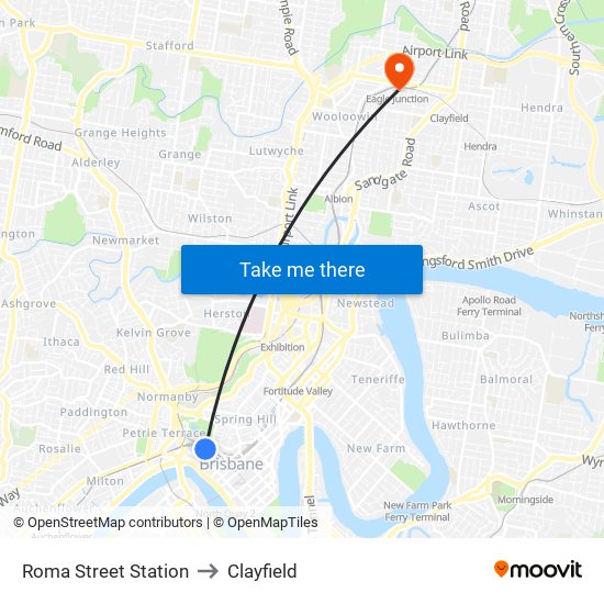 Roma Street Station to Clayfield map
