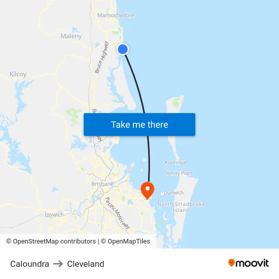 Caloundra to Cleveland map