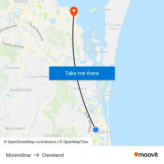 Molendinar to Cleveland map