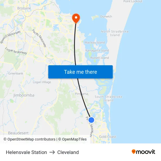 Helensvale Station to Cleveland map