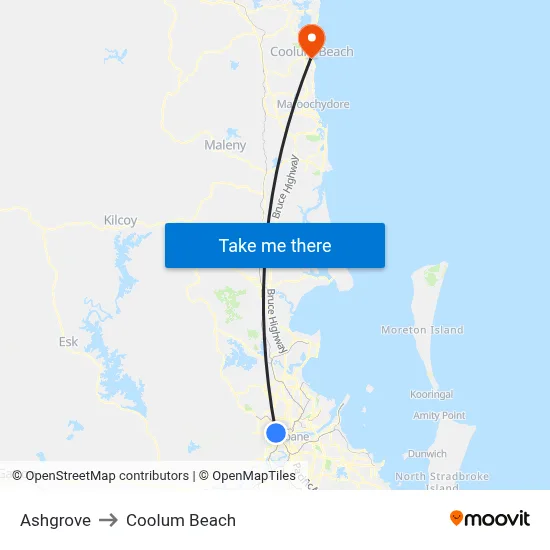 Ashgrove to Coolum Beach map