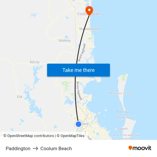 Paddington to Coolum Beach map