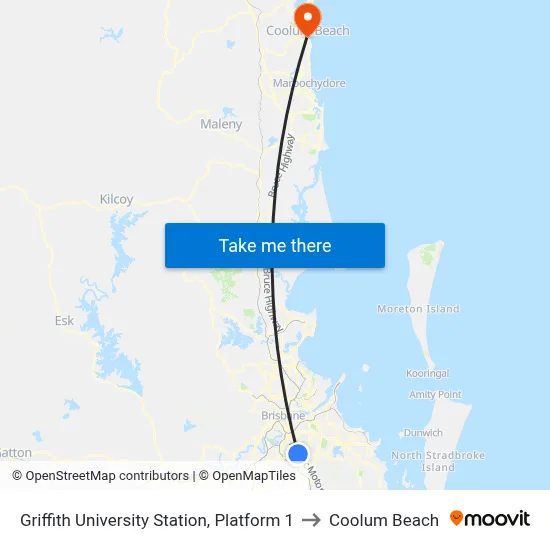 Griffith University Station, Platform 1 to Coolum Beach map
