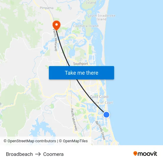 Broadbeach to Coomera map