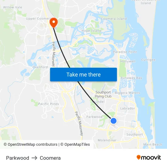 Parkwood to Coomera map
