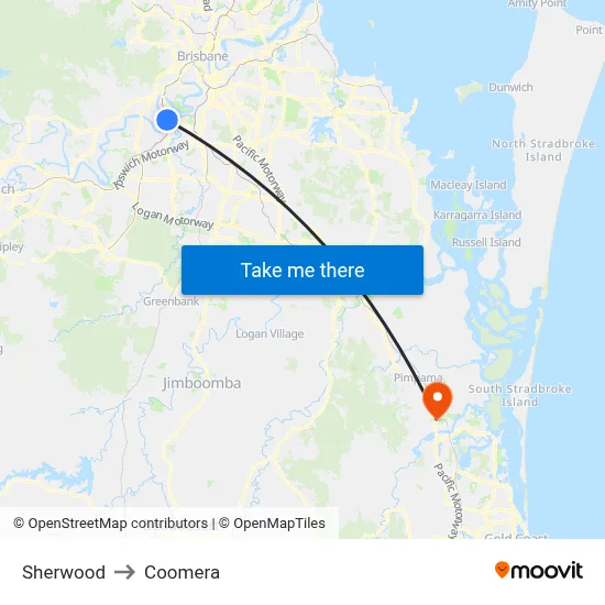 Sherwood to Coomera map
