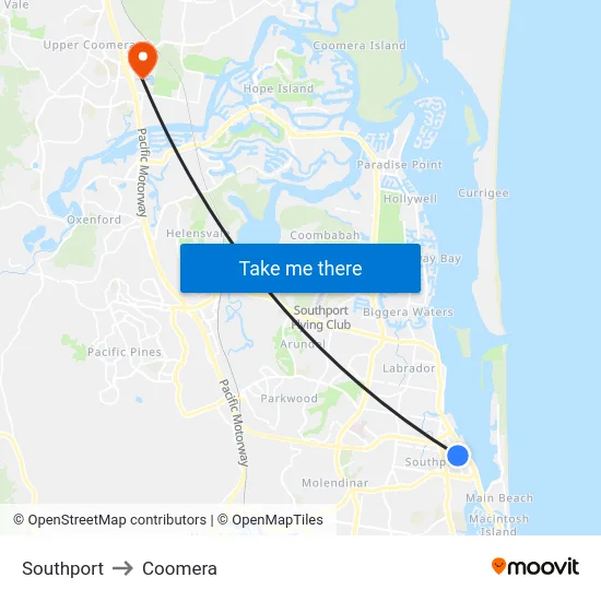 Southport to Coomera map