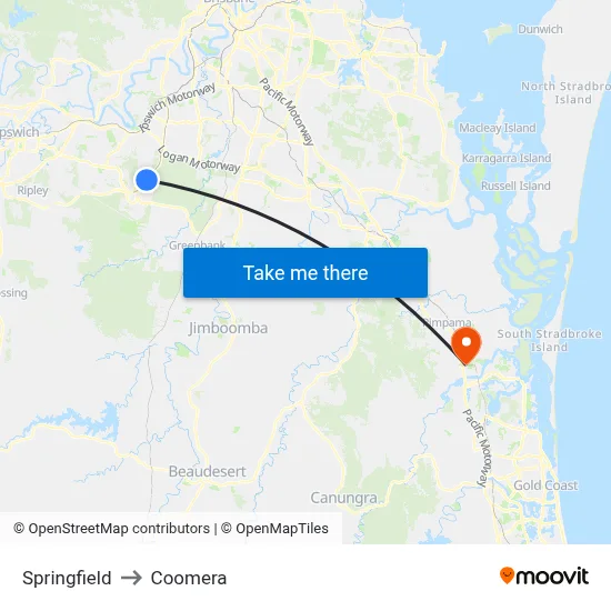Springfield to Coomera map