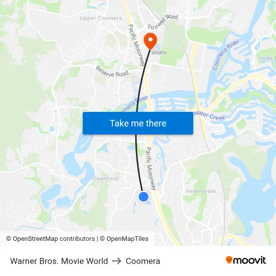 Warner Bros. Movie World to Coomera map
