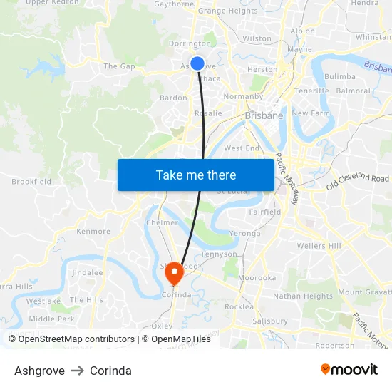 Ashgrove to Corinda map