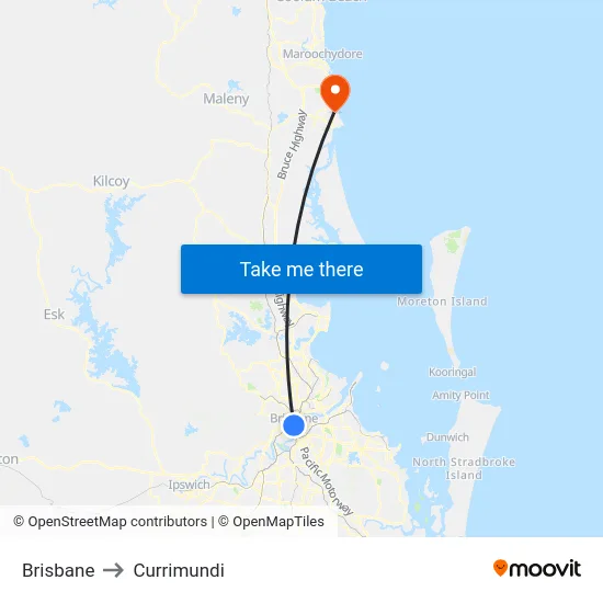 Brisbane to Currimundi map