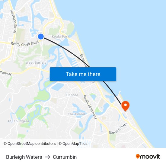 Burleigh Waters to Currumbin map