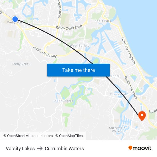 Varsity Lakes to Currumbin Waters map