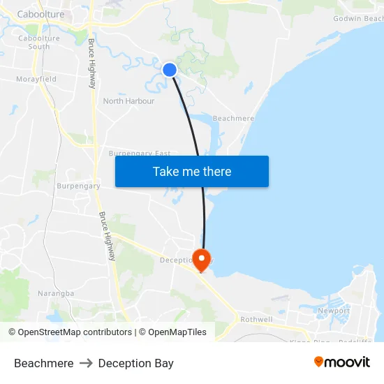 Beachmere to Deception Bay map
