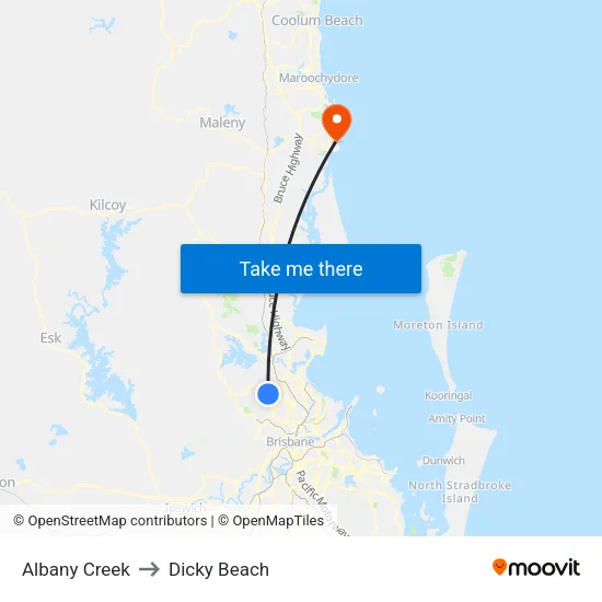 Albany Creek to Dicky Beach map