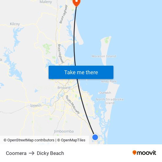 Coomera to Dicky Beach map