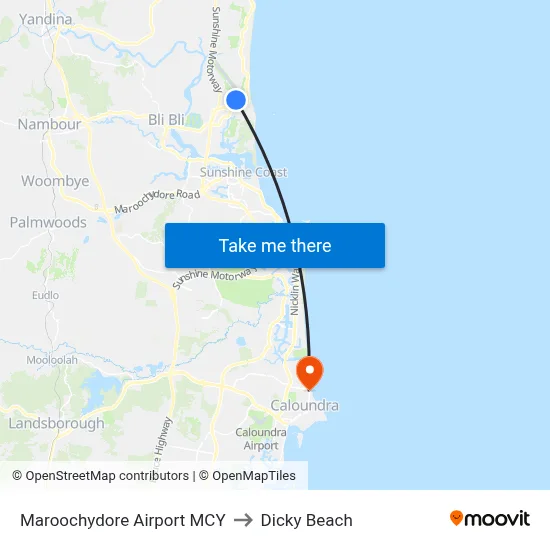 Maroochydore Airport MCY to Dicky Beach map
