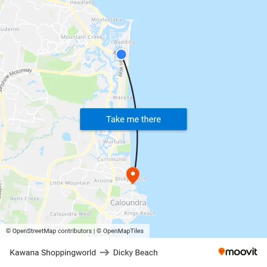 Kawana Shoppingworld to Dicky Beach map