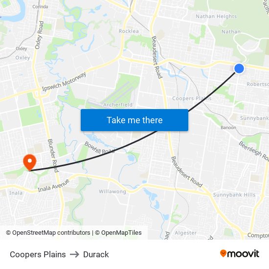 Coopers Plains to Durack map