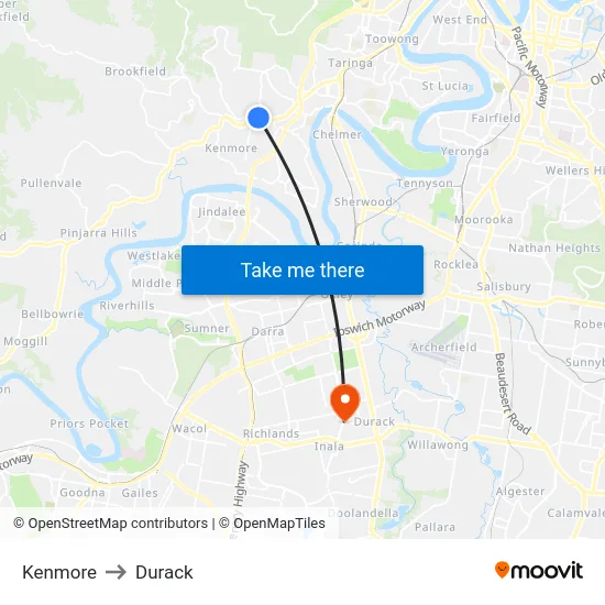 Kenmore to Durack map