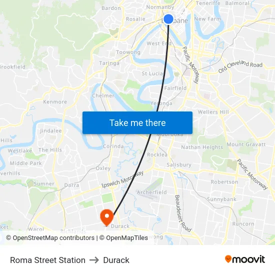 Roma Street Station to Durack map