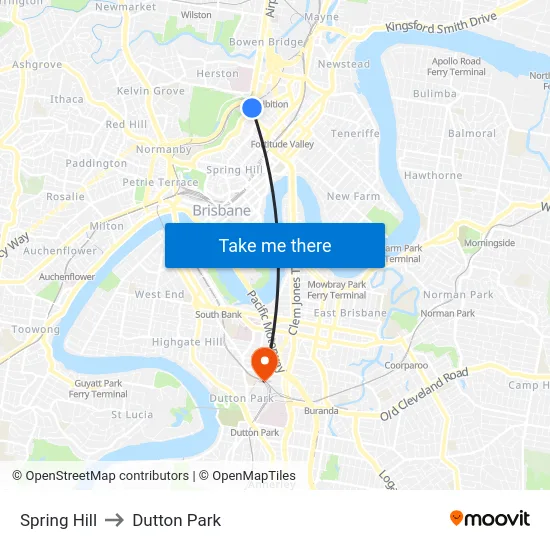 Spring Hill to Dutton Park map