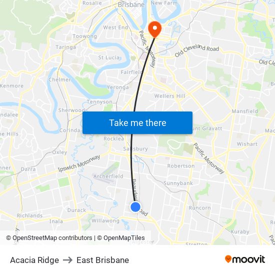 Acacia Ridge to East Brisbane map