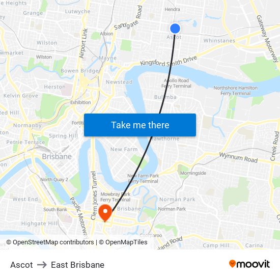 Ascot to East Brisbane map