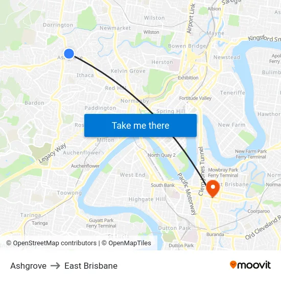 Ashgrove to East Brisbane map