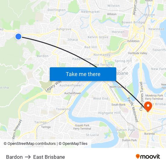 Bardon to East Brisbane map