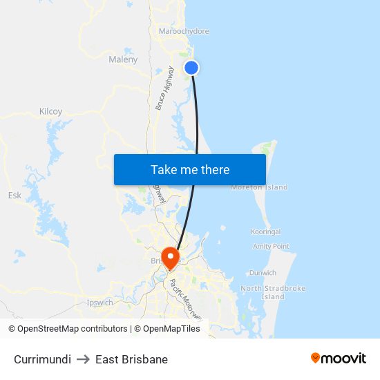 Currimundi to East Brisbane map